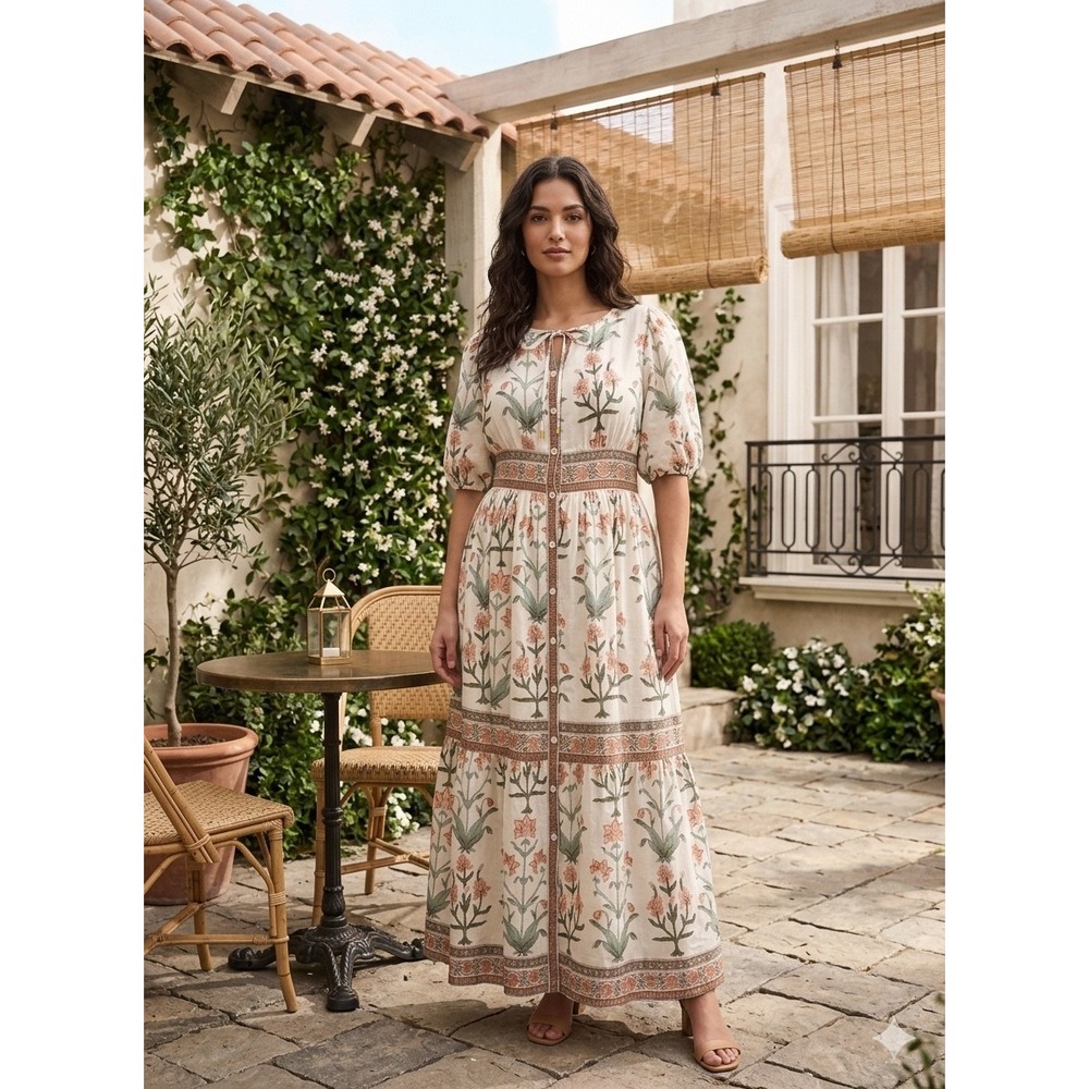 HANNAH Artwear Camilla Maxi Dress Womens 2 Large Floral Linen Button Front Tiers